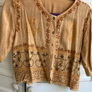 Embroidered Tan Button-Up Blouse